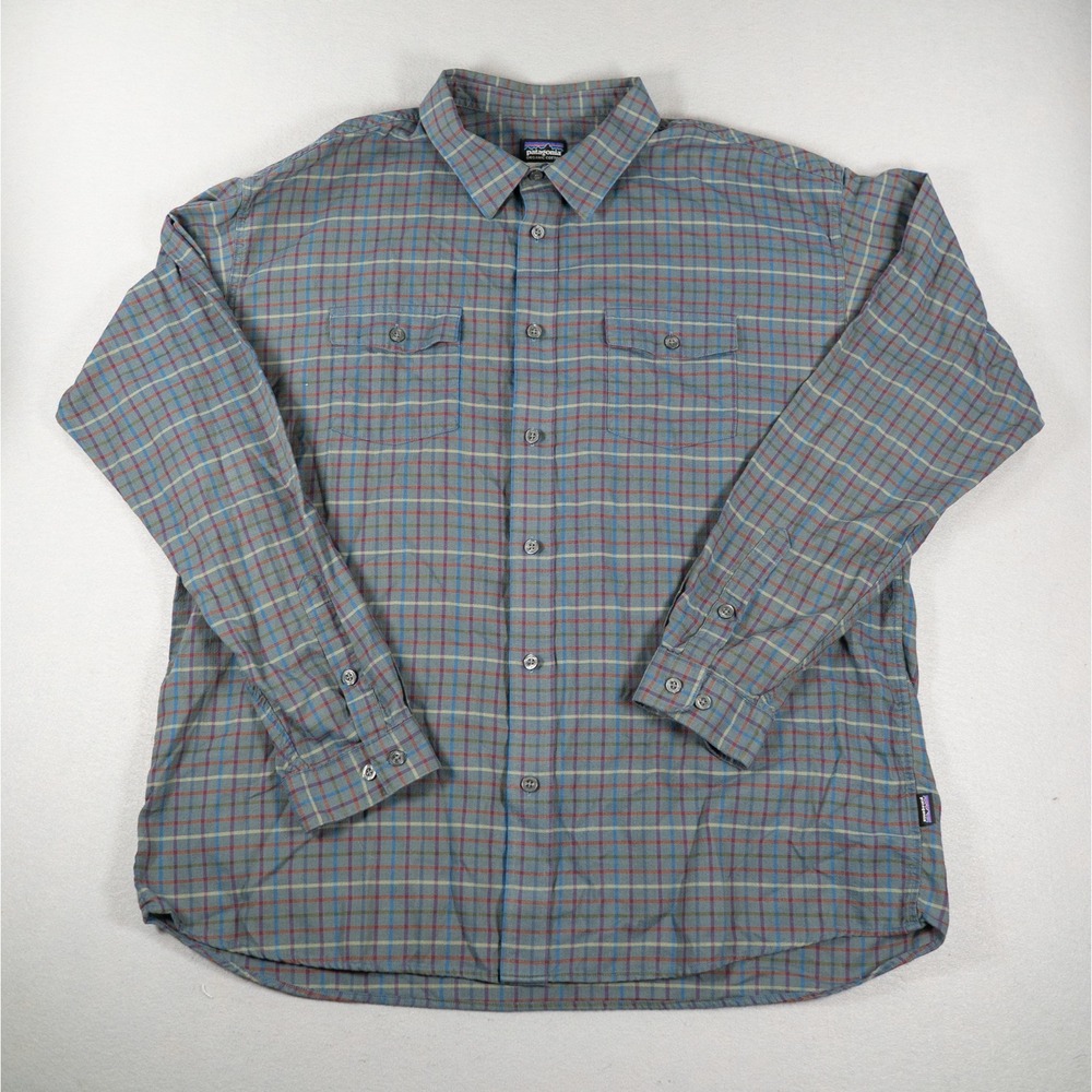 Patagonia Mens XXL Long Sleeve Plaid Button Down Organic Cotton Blue Shirt